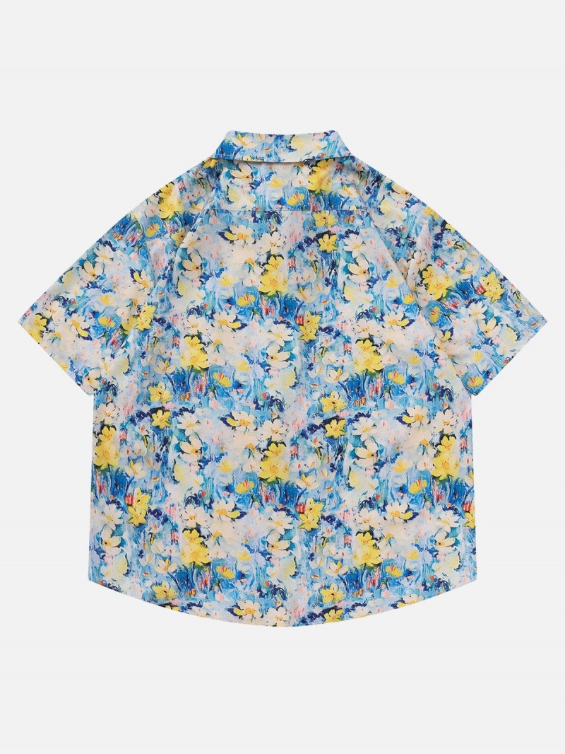 Bleu  Chemise à Manches Courtes Aelfric Eden Vintage Small Daisy Oil Painting Doodle Print - DBN-8855308